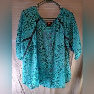 Rock 47 Leopard Print Sheer Blouse - Teal